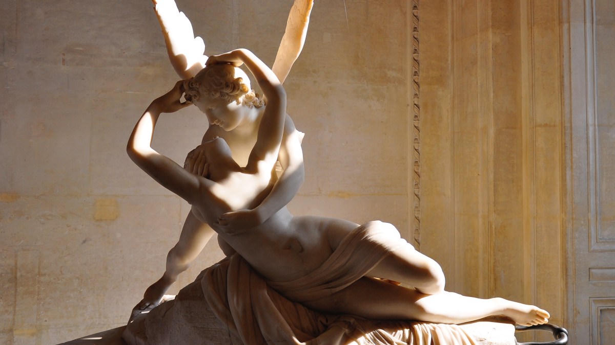 Marble sculpture of Cupid lifting Psyche, Louvre.