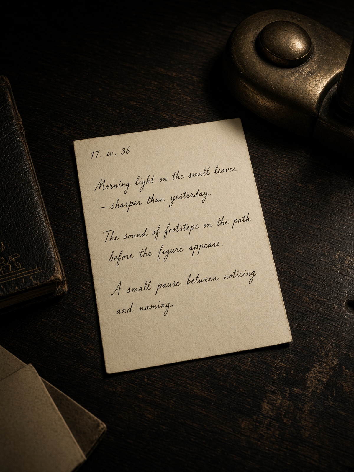 A cream index card with quiet handwriting, bronze weight, lamp light.