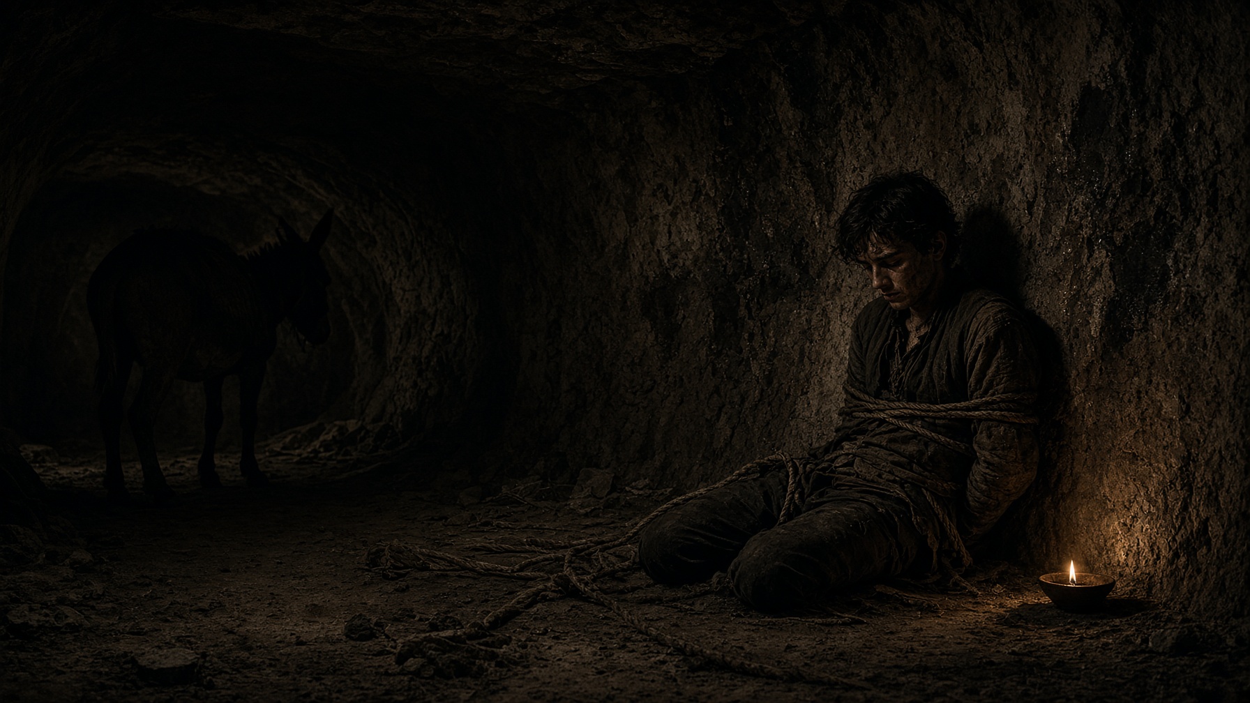 A robbers’ cave after the tale: rope, dying light, a captive still bound. The teller is gone.