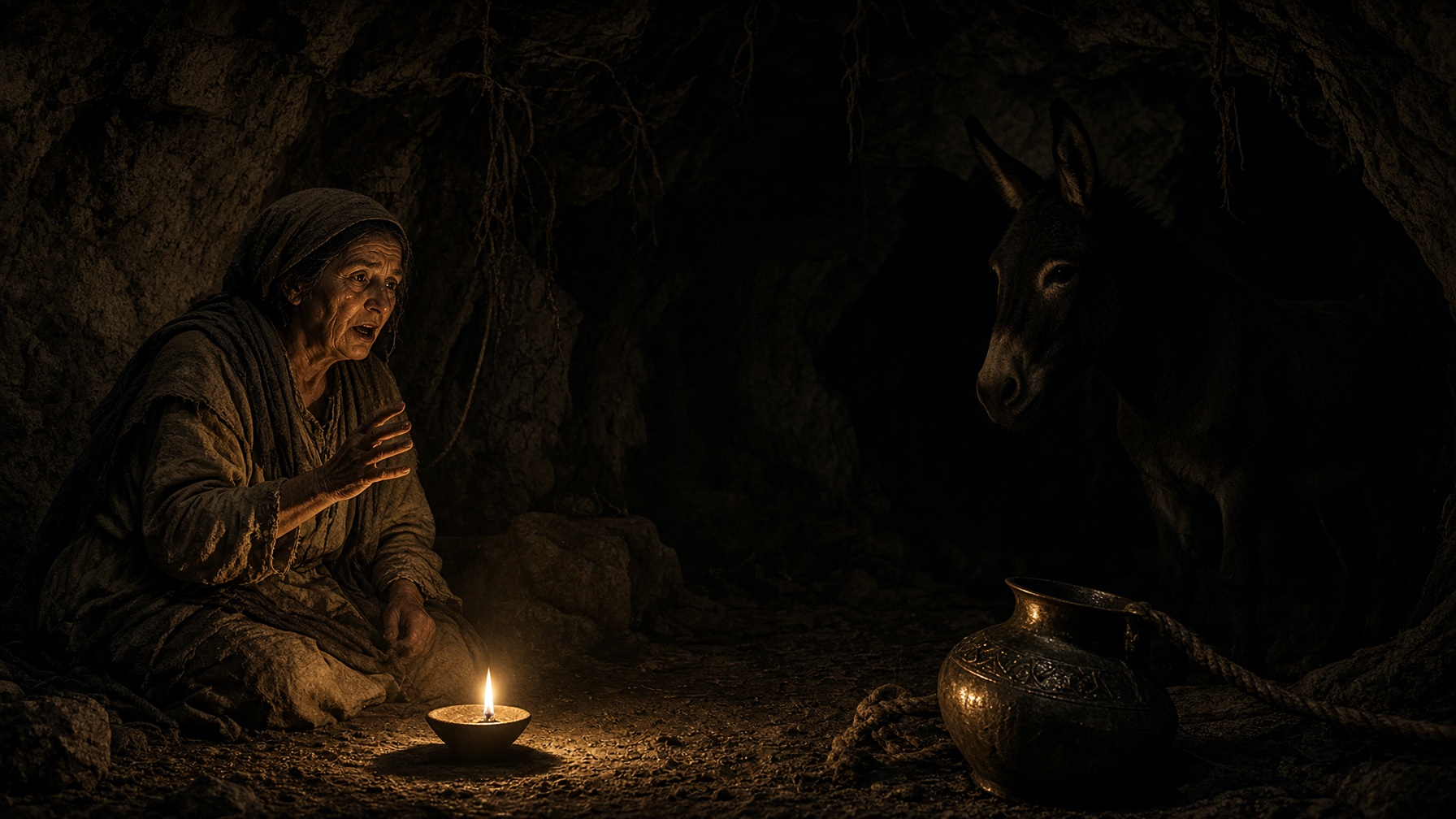 A robbers’ cave at night: an old woman speaking by one oil lamp, a donkey listening in the dark.