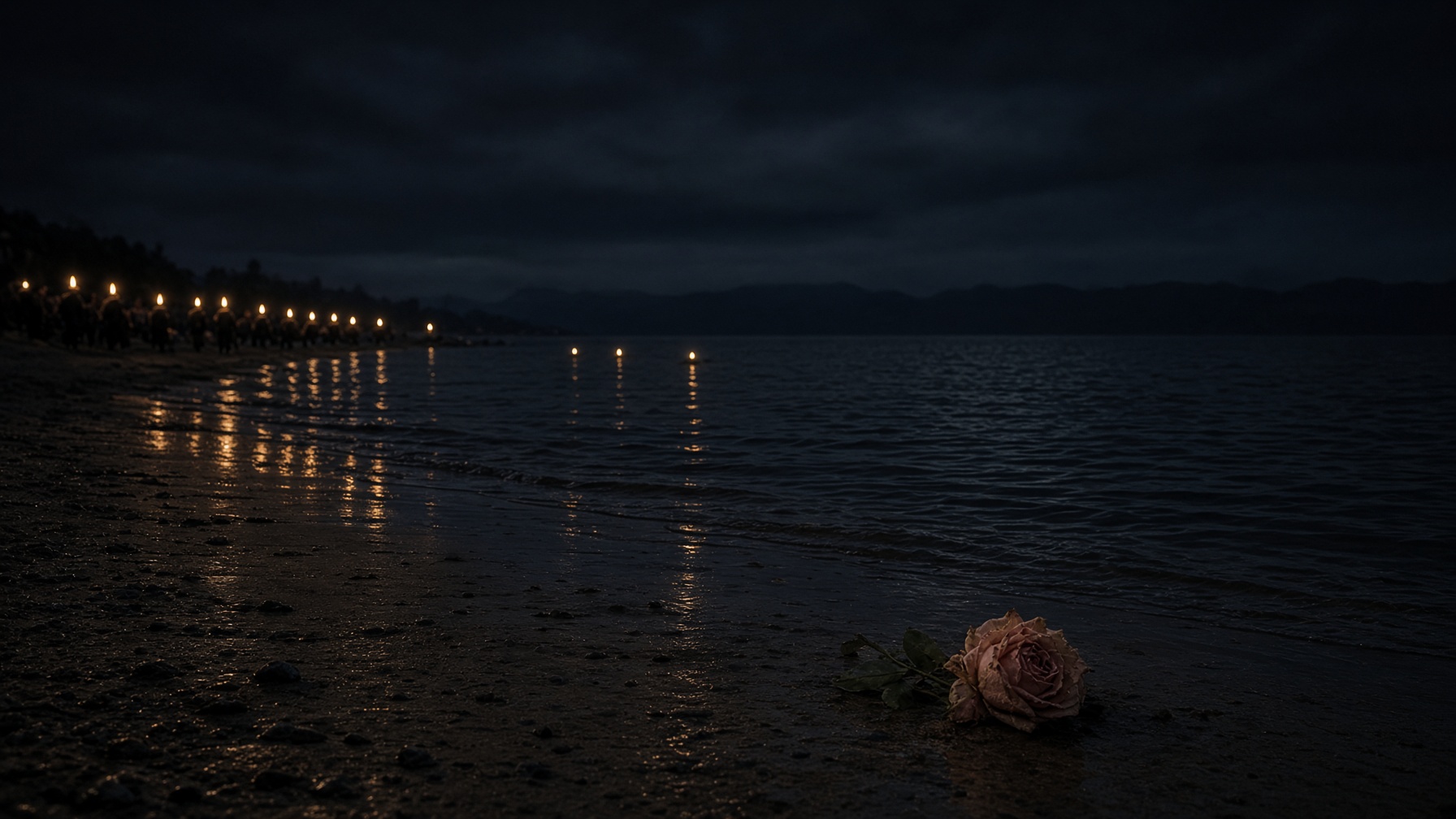 Night shore, black water, a distant procession of small lamps, a pale crown of roses at the edge.