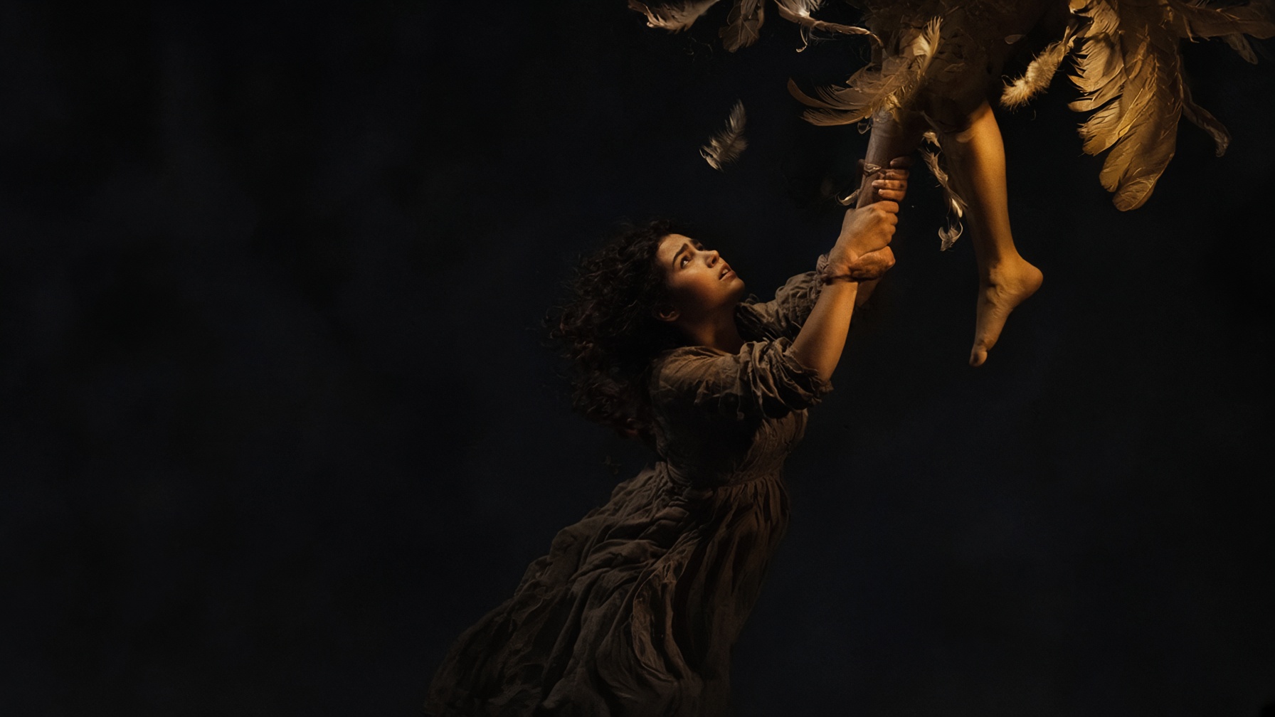 A woman falling through night, both hands still on the ankle of a departing winged figure.
