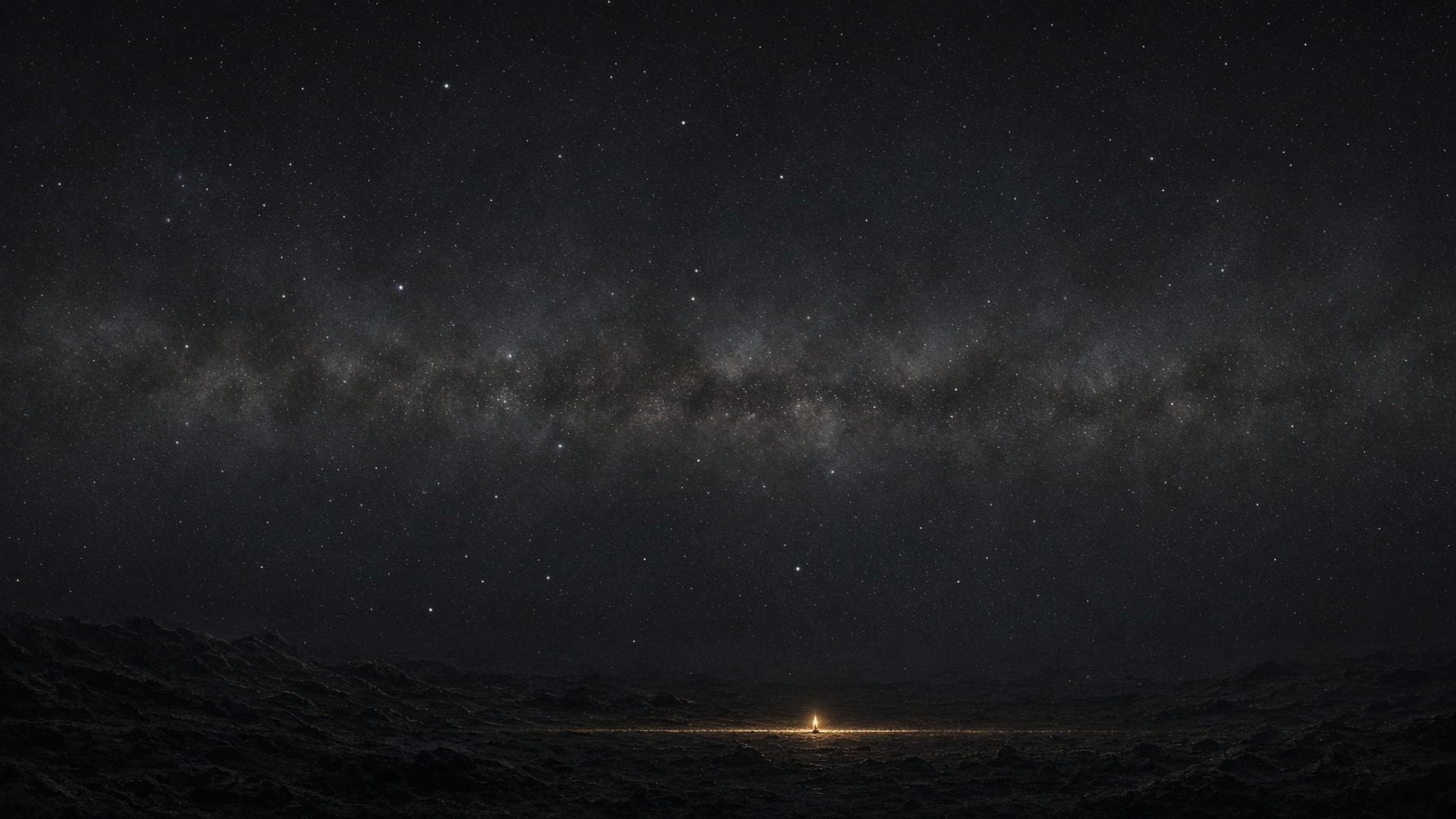 Interpretive plate: a dark star field, a thin gold filament of lamp-light at the edge of the void. No figure.