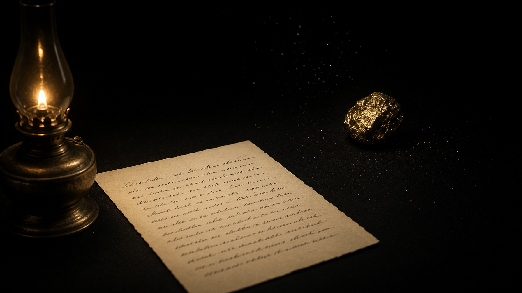 A cream letter under a lamp, an irregular metal body catching gold in the dark. No readable writing.