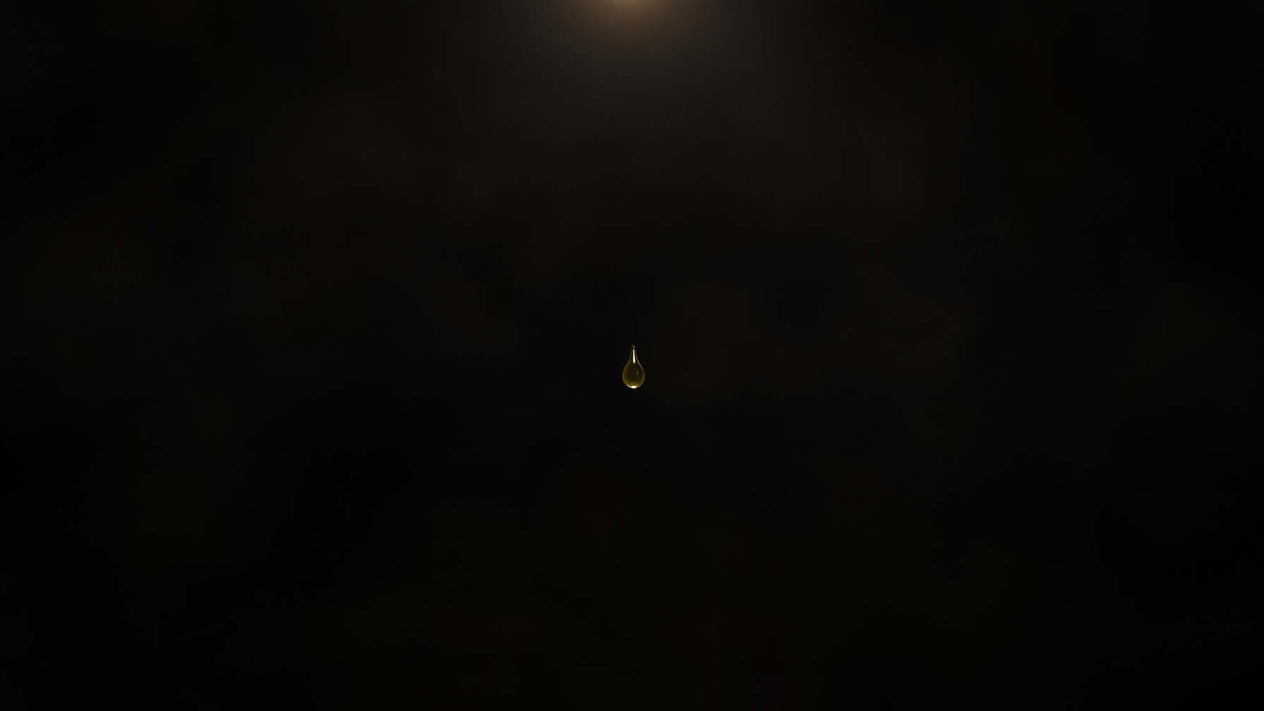 A single drop of golden oil, small against darkness.