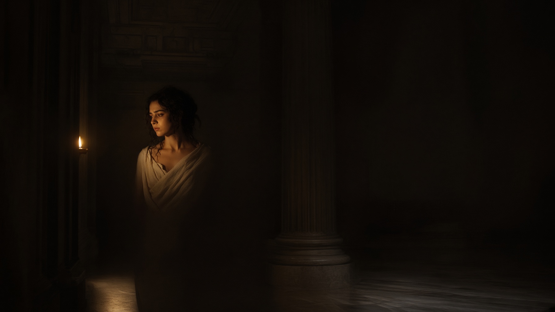 A woman visible only in a narrow seam of oil-lamp light. Palace architecture is implied in darkness. The opposing presence is not shown.