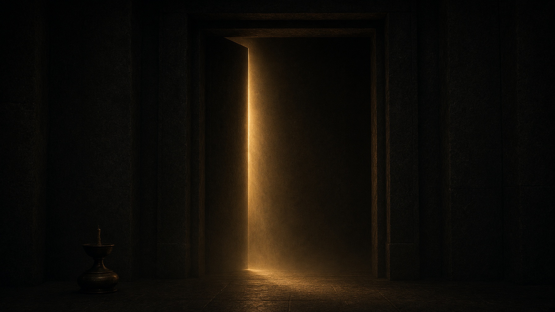 Interpretive still: a stone threshold, lamp-light already past the jamb. Not a photograph of a sky.