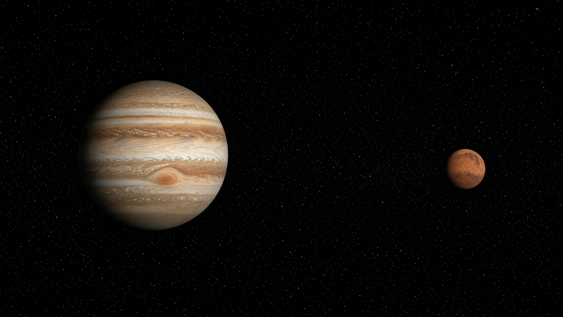 Night sky: a banded Jupiter and a smaller ochre Mars among sparse stars. No kitchen. No people.
