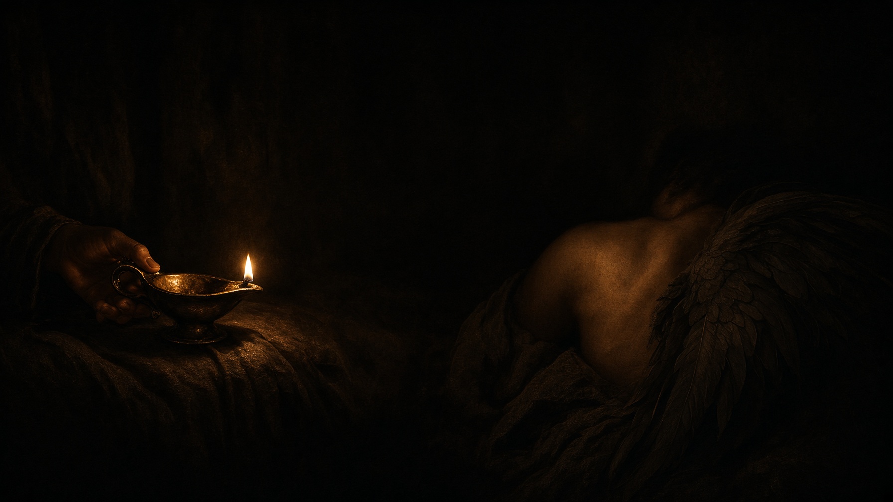 A bronze oil lamp as the only light: flame, a hand, metal, linen, a sleeping shoulder. Interpretive plate of looking.