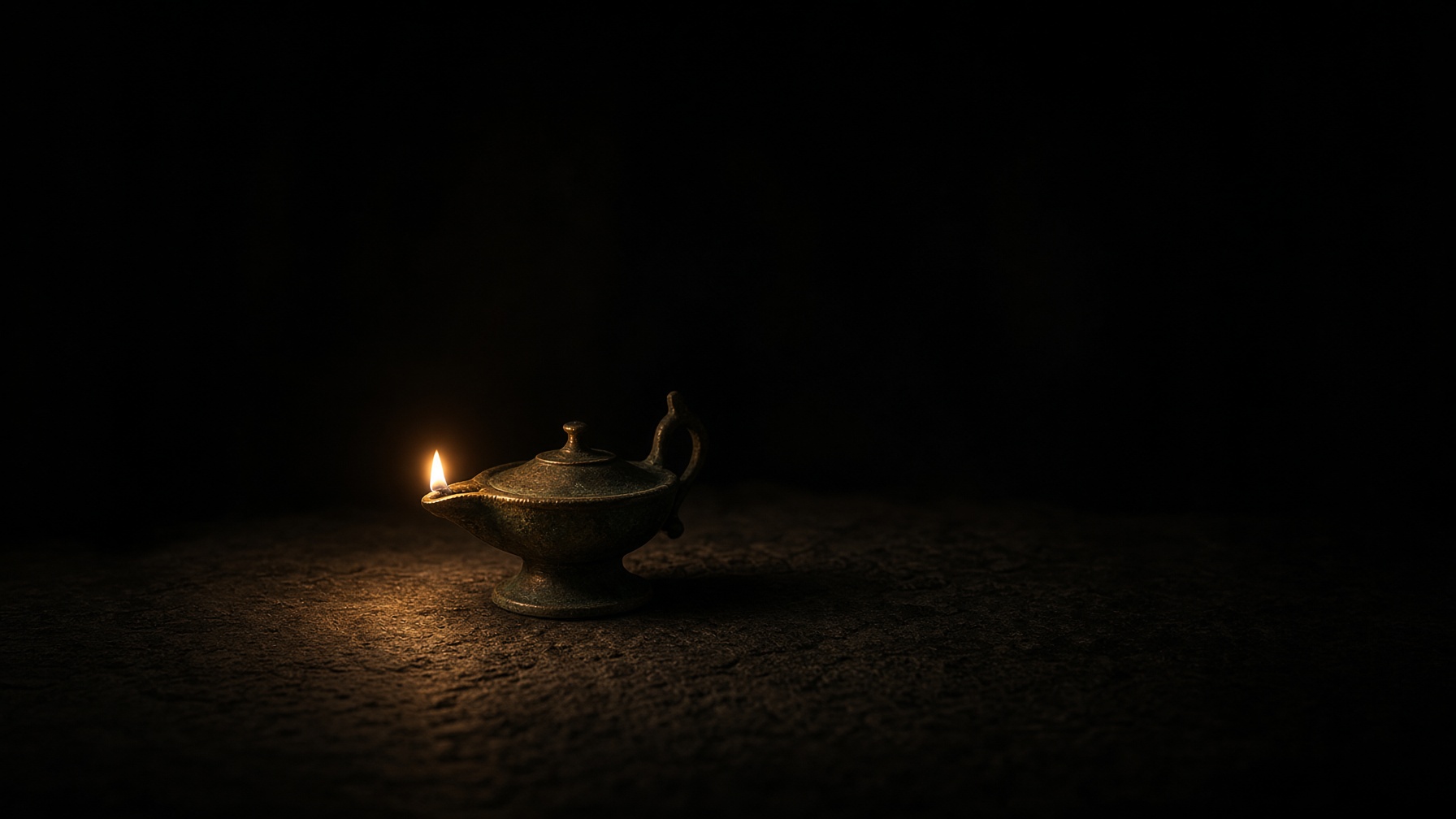 Bronze lamp, a single pool of oil-light.