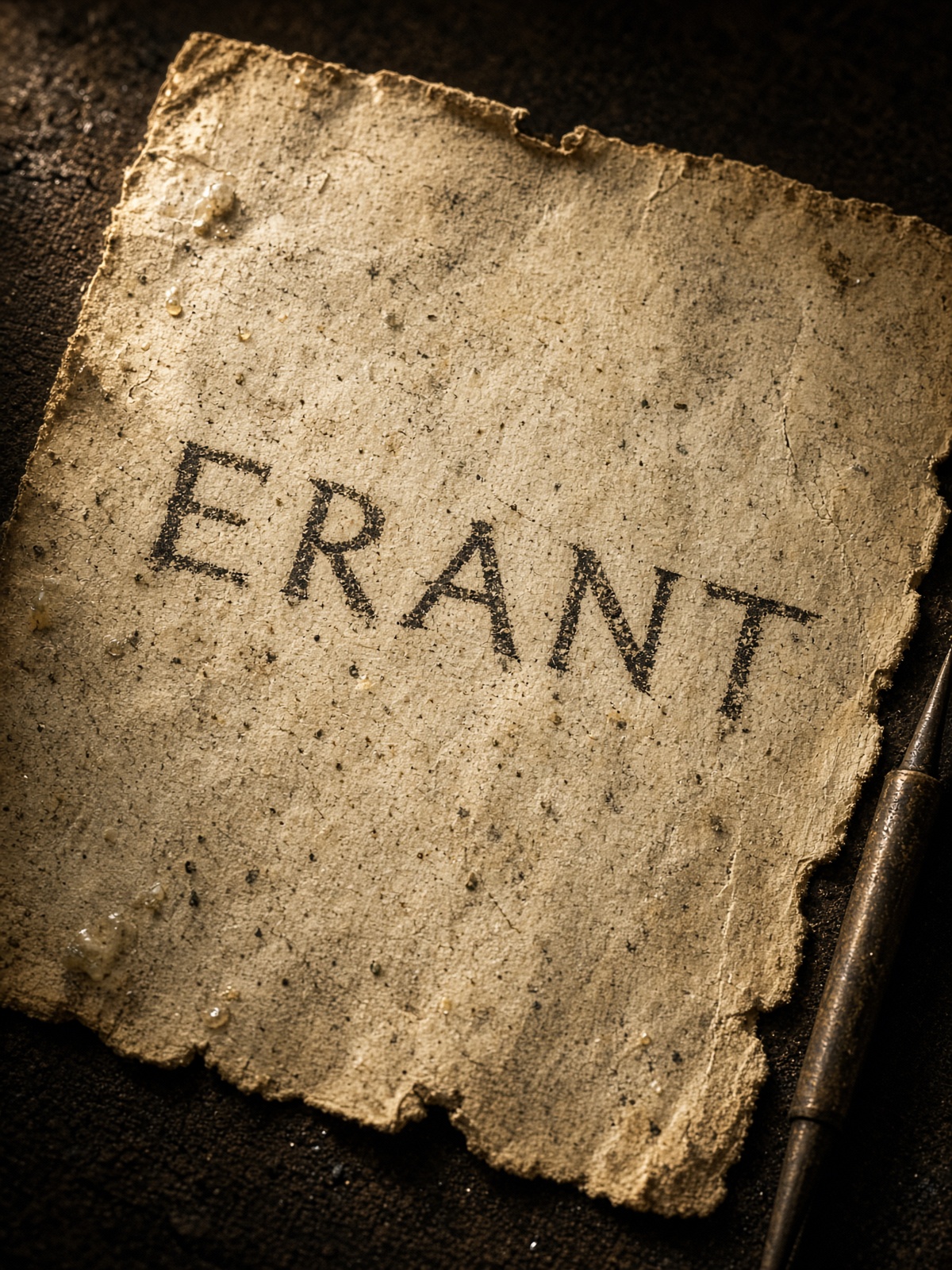 Raking light on aged parchment, a few large uncial letters, a bronze stylus.