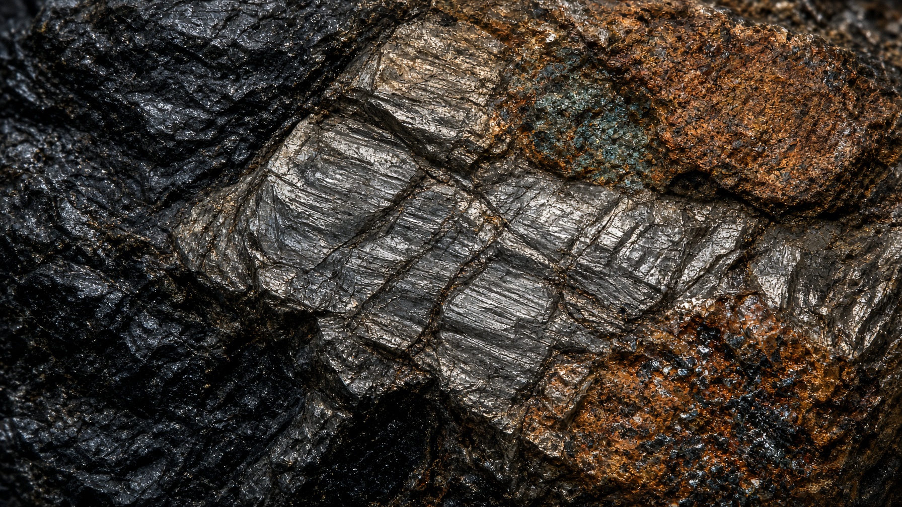Close field of mixed metal and silicate rock, oxidized bronze and cold iron.