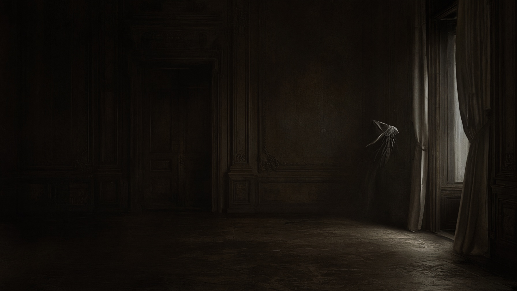 A distant winged figure, only a shoulder and the edge of a wing visible in mineral darkness.