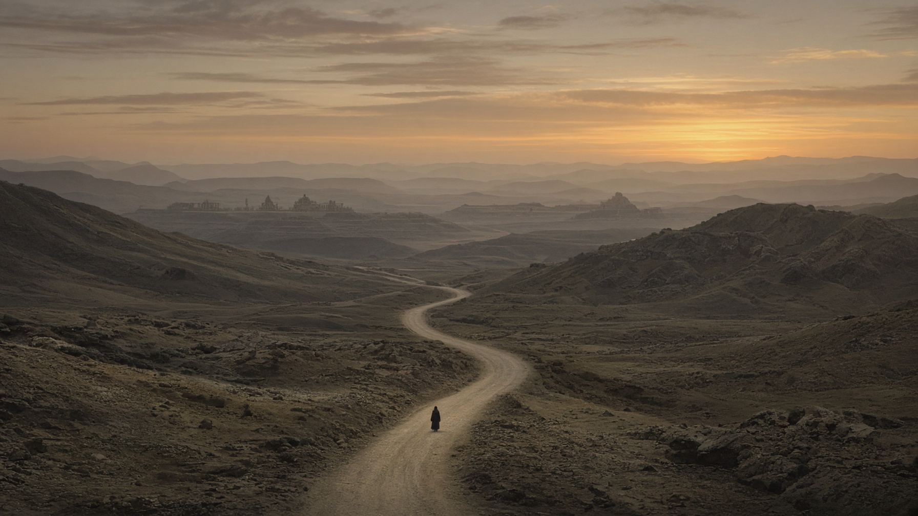 A small figure on a pale road between low hills, distant temples. Geography opened after the palace.