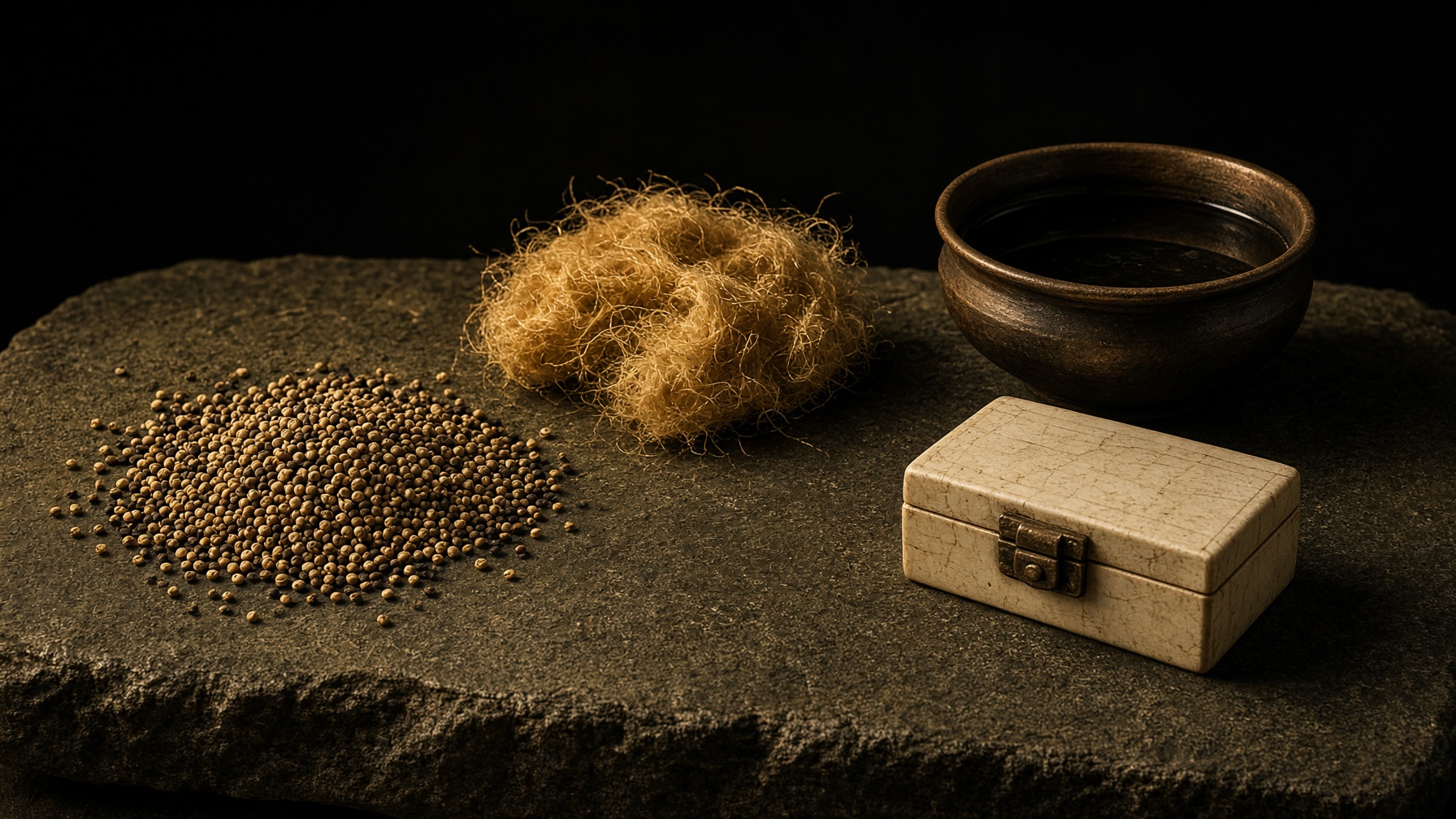 Still life of mixed grain, golden wool, a bronze vessel of water, and a closed ivory box.