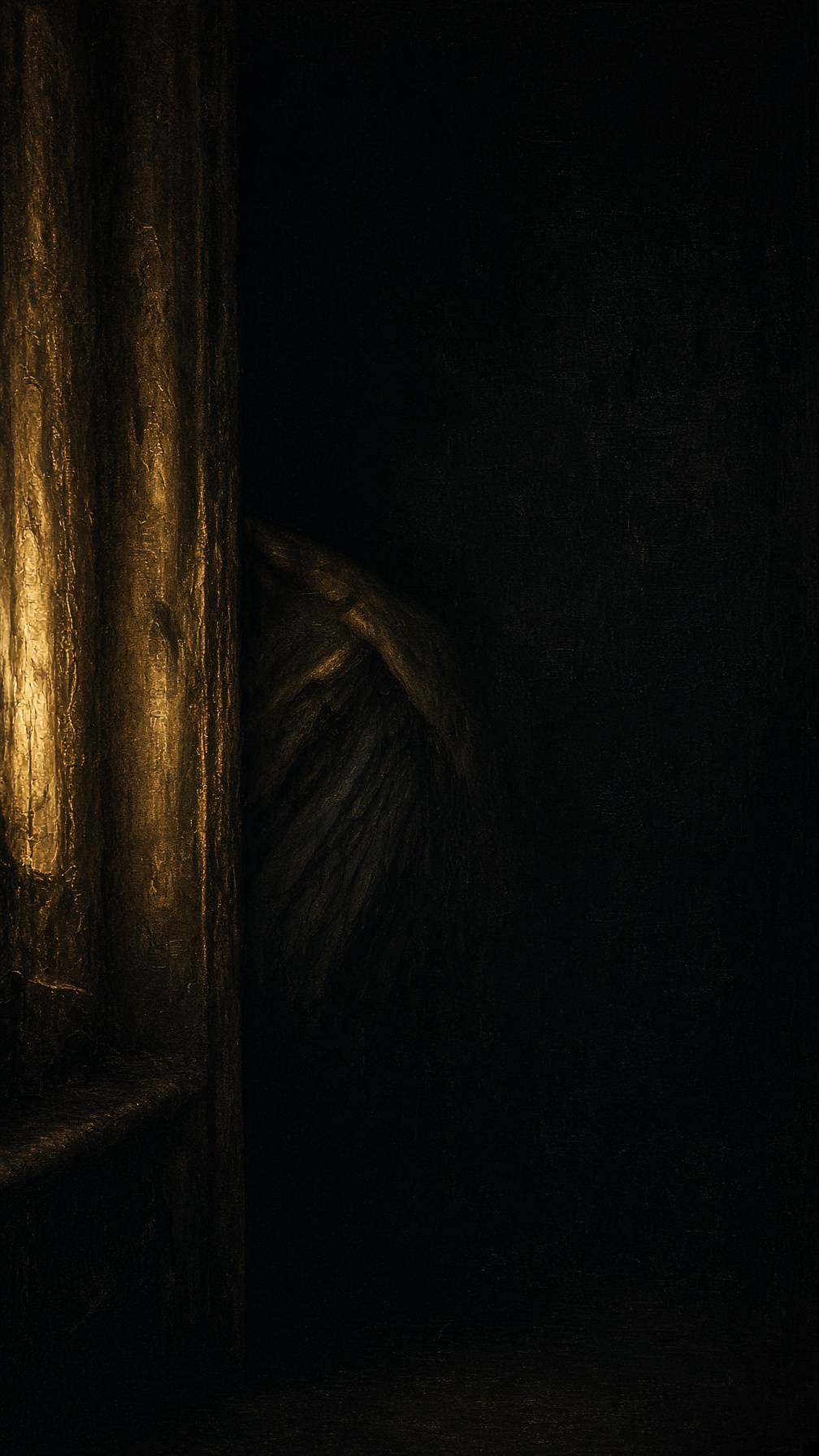 A stone threshold in near-dark, a faint gold line already past the jamb.