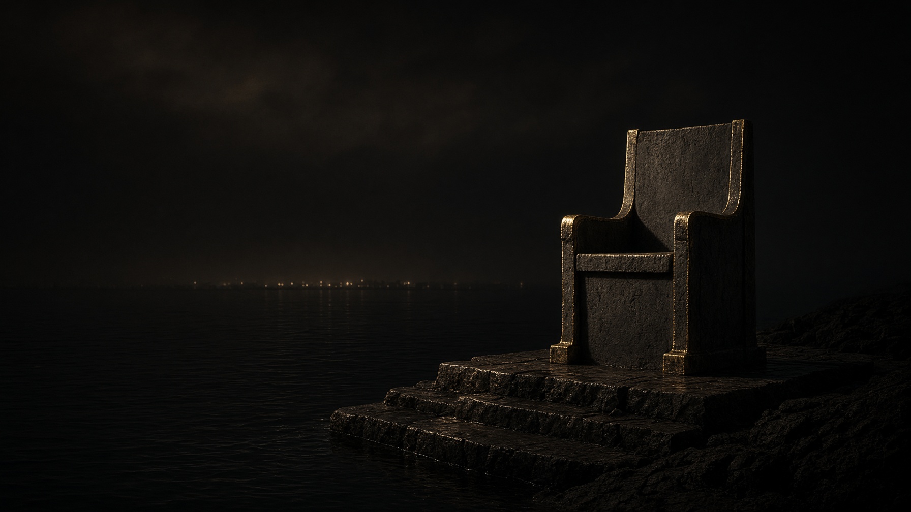 An empty dark stone throne at the edge of black water at night, a thin gold edge in raking lamp-light. No figure.