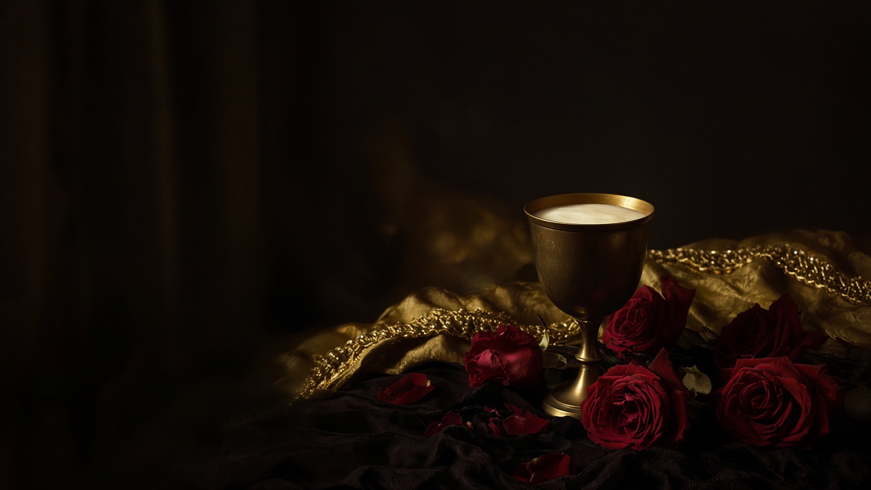 A bronze cup, a gold edge of a couch, roses in darkness. A feast implied, no faces.