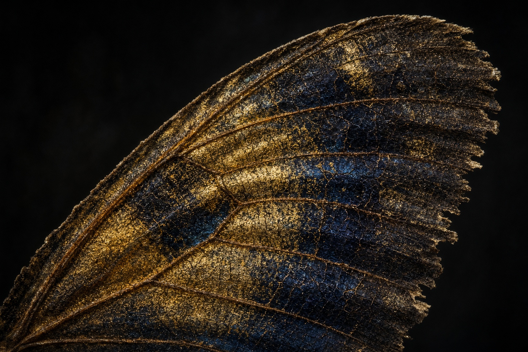 Close photograph of an antique butterfly wing, scales like bronze and ink.